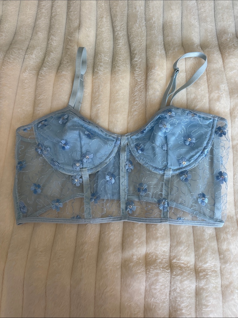 Sheer Floral Longline Bra in Light Blue